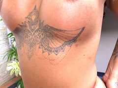 Curly-haired brunette with glasses takes on a massive black rod in a wild missionary ride