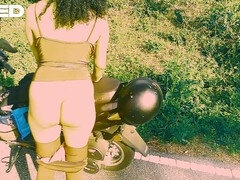 Exotic dark-skinned solo damsel Boricualovenyc caught giving a blowjob outside on a bike trail