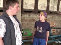 Fat farmer makes skinny blonde to blowjob his dick