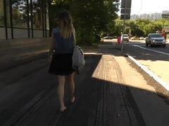 Cute girl walking barefeet