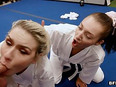 Olivia Grey, Bella Rolland & Abigail Peach take turns riding hard and cumming hard