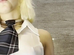 Hot Blonde Cheerleader in Shortest School Uniform Skirt Flashes Pussy and Ass but Also All Natural Beautiful Tits