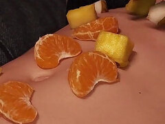 My Roommate's Sweet Craving: Fruit Served Over My Abs.