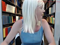 Blonde mature star Shelly flashing in public library