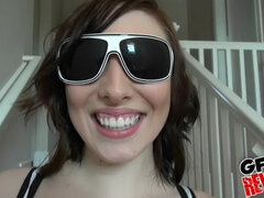 Watch Trillium's hot bodysuit and glasses get her off with a hot fucking