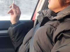 Big Lips Smoking in Car Leather Pants