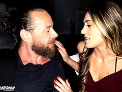 Mackenzie Mace fucks her man's fat cock at the club with her small tits bouncing