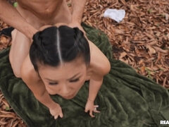 Trespassing her Wet Asian Pussy - pigtailed brunette fucked outdoors w Lulu Chu