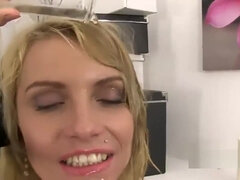 Attractive Karina makes herself squirt with a dildo after an orgasm