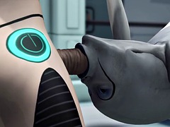 Female android plays with an alien in the sci-fi lab