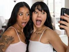 Two brunettes Ameena Green and Beca Barbie share a big boner