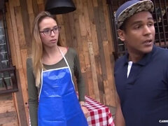 Slim Latina Waitress in Glasses Receives Facial during Steamy Encounter - Lucia Vergara