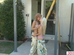 Lesbian teen scissoring with bff outdoor