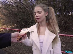 Teen babe gives blowjob in forest