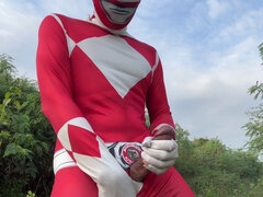 Powerful Ranger strokes his mighty shaft outdoors