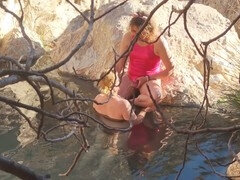 Cute sissy Wet Bibe enjoys a romantic bath in steaming springs with her girlfriend