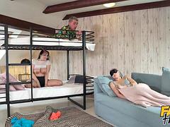 Fake Hostel - Fat cock sliding through hole in bunkbed surprises chubby chick with big soft titties
