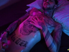 Hot Tattooed Twink Jerking His Big Uncut Cock with Oil and Shooting His Cum