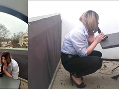 Sissy in Leggins playing with Dildo on balcony