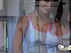 Full tittied brunette teen strips off