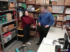 Chubby teen thief gets caught stealing by a security guy