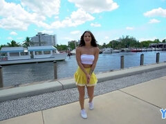 Evelin Stone flashes around town and finds a cock to fuck