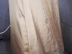 Long Gold Satin Dress Masturbation Cum