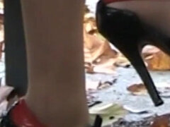 Dangling on a Bench with Red and Black Shoes