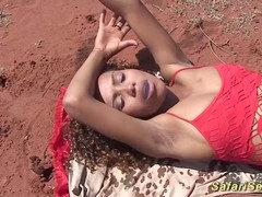 Amateur safari threesome in the African savanna with a shy girl