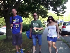 Trashy whore goes to the woods and fucks two men