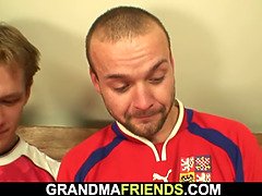 Skinny blonde granny in stockings rides and sucks