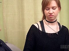 Watch how this young Russian teen pays her debt with a sweet face and rough sex