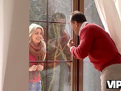 Hussy demonstrates her opening to the older guy who bangs it