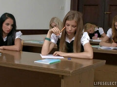 Teen Nesty is wearing a uniform and she is about to use her lips and tongue.