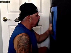 Gloryhole loving difa amateur sucks and wanks cock at gloryhole