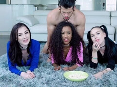 Boy hooks up with two white and one black chicks on the carpet