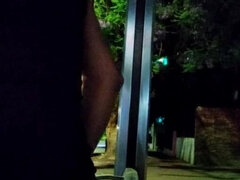 Sissy Slut Sitting on a Huge Dildo in Bus Station at Night While Cars Pass by