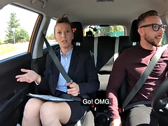 Busty milf fucked outdoors in the car by a driving student