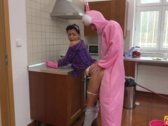 Maid washes the floor and dude�s cock while his lady is busy