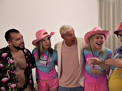 Cockhungry girls deepthroating lucky guy in a threesome