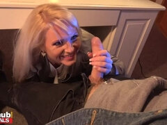 FAKEhub - Natural office MILF Kathy Anderson blows robber from under her desk before lifting her skirt to introduce her wet mature pussy to his big ha