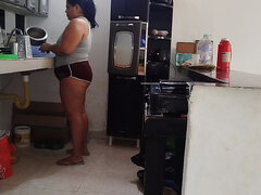 Chubby Latina with a Big Ass Likes to Be Watched by Her Stepfather's Old Man While She Cleans the House