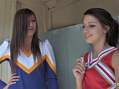 Petite Lesbian Teen Cheerleader tricked her Small Tits Virgin Classmate to First Time Lesbian Sex