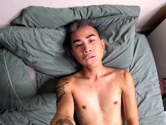 Solo jack-off session ends with a facial cumshot