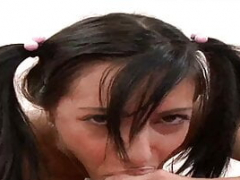 Cum in mouth for a pigtail brunette with a tight honey pot