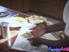 Sexy ebony teen cooking and stripping