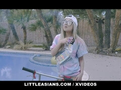 Lulu Chu's pierced nipples as she swims in the pool before getting drilled hard by Quinton James