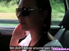 Euro lesbians fingerbang in the car with some hot pussy play