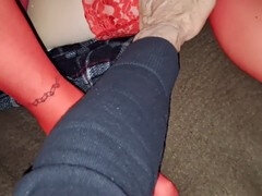 Kukk suging, Fotjobb, Ektemann, Sexy undertøy, Orgasme, Fitte, Skjørt, Strømper