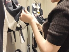 POC girl gives an epic blowjob in the dressing room for a jacket, leaving a sweet cumshot on her throat and tits